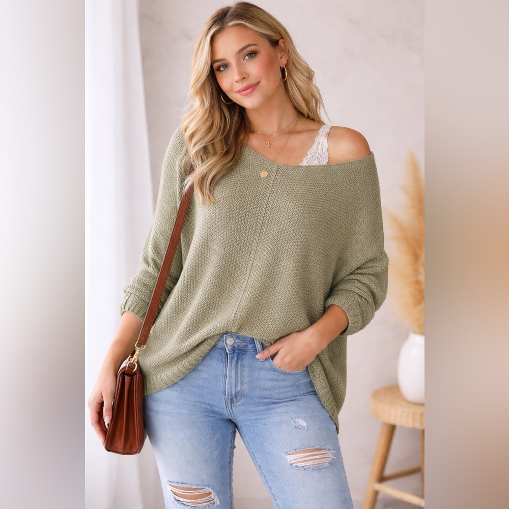 Easel Olive Green Lightweight Knit Sweater 1X Oversized Dolman Sleeve Boho